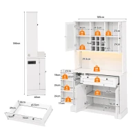 Küchen-Hochschrank mit Vitrine, fünf Türen, eine Schublade, verstellbaren Einlegeböden, 105x40x180 cm, Weiß(m-3)