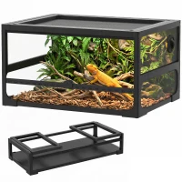 PawHut Rettilario Rialzato e Pieghevole con Coperchio e Pareti in Vetro Temperato e Plastica, 60x45x32 cm, Nero(m-11)