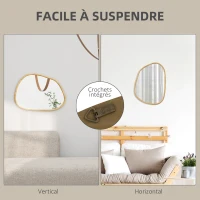 HOMCOM Miroir mural miroir décoratif forme organique avec cadre en bois horizontal ou vertical 80 x 60 cm naturel(m-5)