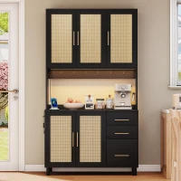 Küchenanrichte mit Geflochtenes Rattanfinish und goldene Metallgriffe, LED-Deko-Lichter, 100x40x183 cm, Schwarz(m-4)