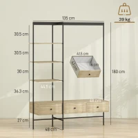 HOMCOM Stativ pentru haine cu rafturi, sertare și bara pentru umerașe, stativ independent de 180 cm în stil modern, cadru metalic, stejar(m-3)