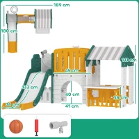 AIYAPLAY Tobogán Infantil 7 en 1 con Caseta Escalera Aro de Baloncesto Túnel Pizarra Telescopio para Interior Amarillo y Verde(m-3)