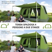 Outsunny Tenda da Campeggio a Tunnel per 4 Persone con 2 Stanze, Tenda Campeggio Familiare Impermeabile 3000mm con Porta, Finestre Laterali e Tasche, 405x305x225cm, Verde(m-4)
