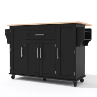 Mobile Kücheninsel mit verdeckter Besteckschublade, verstellbare Einlegeböden,Gewürzregal und Handtuchhalter, 136x45/70x92 cm, Schwarz+Naturfarbe(m-1)