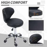 HOMCOM Rolling stool massage stool - 360° swivel work stool - seat adjustable 49-64H cm, ergonomic backrest - chrome metal black synthetic upholstery(m-12)
