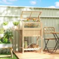 Outsunny Carré potager sur pieds avec serre, jardinière surélevée, table latérale pliante et étagère, 104x50x120cm, bois naturel(m-10)