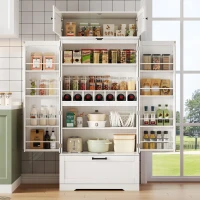 Freistehender Küchenaufbewahrungsschrank mit Weinregal, verstellbaren Einlegeböden und Flügeltüren, 80x40x180 cm, Weiß(m-6)