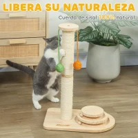 PawHut Poste Rascador para Gatos Altura 56,5 cm con 3 Bolas Colgantes Juguete de Pelota de Pista Madera Natural(m-6)