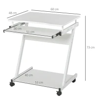 HOMCOM Mesa de Ordenador con Ruedas 60x48 cm con Bandeja Deslizante para Teclado y Estante Inferior Marco Metálico Blanco(m-3)