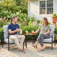 Outsunny Conjunto Bistrô 3 Peças em Aço com 2 Cadeiras com Almofadas Espessas, Mesa com Tampo em Vidro Temperado Preto(m-5)