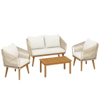 Outsunny Salon de Jardin 4 Pièces, Ensemble en Corde Tressée avec Structure en Acier et Bois d'Acacia, Coussins, Blanc Crème(m-12)