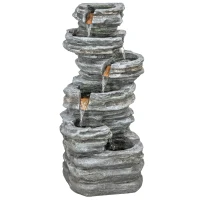 Outsunny Outdoor Fountain, 6-Tier Cascading Waterfall Feature with LED Lights, Resin Freestanding Garden Fountain, Grey(m-1)