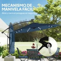 Outsunny Parasol Excéntrico con Luces LED Solares Ø345 cm Sombrilla Jardín de Aluminio con Base Cruzada Manivela Funda Azul(m-9)