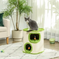 PawHut 52cm Cat Barrel Tower, 2 Story Cat Condo with Sisal Scratching Pad, Toy Ladybugs, Barrel Shaped Cat House Covered in Soft Plush, Green(m-2)