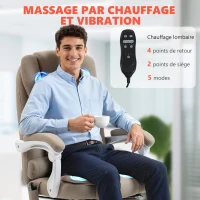 Vinsetto Fauteuil de bureau direction massant chauffant hauteur réglable dossier inclinable toile de lin beige(m-4)