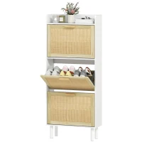 HOMCOM Meuble à chaussures 3 portes abattants étagère effet résine tressée design bohème 65 x 24,5 x 153 cm blanc(m-1)