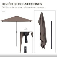 Outsunny Sombrilla 269x138x236 cm Parasol de Jardín con Manivela y Forma Semicircular Tela Poliéster 180 g/m² para Exterior Terraza Patio Piscina Café(m-7)