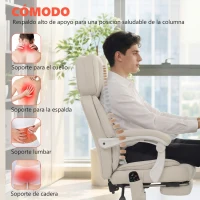 HOMCOM Silla de Escritorio Reclinable con Masaje Vibratorio de 6 Puntos Calor Lumbar Reposacabezas Ajustable Reposapiés Crema(m-6)