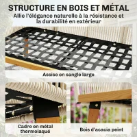 Outsunny Salon de Jardin 4 Pièces, Ensemble en Corde Tressée avec Structure en Acier et Bois d'Acacia, Coussins, Blanc Crème(m-5)