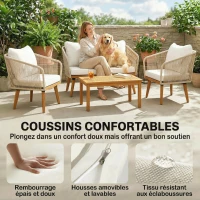 Outsunny Salon de Jardin 4 Pièces, Ensemble en Corde Tressée avec Structure en Acier et Bois d'Acacia, Coussins, Blanc Crème(m-6)