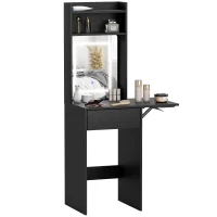 HOMCOM Small Vanity Desk with Mirror and LED Lights, Compact Dressing Table with Drop Leaf, Open Shelves and Drawer, Black(m-10)