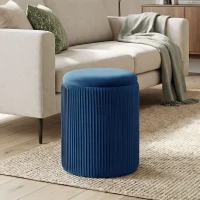 HOMCOM Storage Ottoman Modern Velvet Round Foot Stool for Living Room Bedroom 45 cm Blue(m-2)