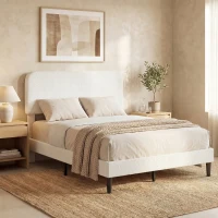 HOMCOM Cadre de Lit 140x190cm avec Sommier, Tête de Lit Réglable, Lit Double Rembourré en Velours Teddy, Lattes en Métal, Blanc(m-10)
