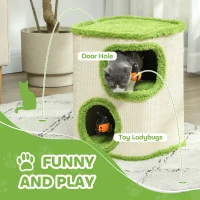 PawHut 52cm Cat Barrel Tower, 2 Story Cat Condo with Sisal Scratching Pad, Toy Ladybugs, Barrel Shaped Cat House Covered in Soft Plush, Green(m-6)