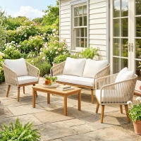 Outsunny Salon de Jardin 4 Pièces, Ensemble en Corde Tressée avec Structure en Acier et Bois d'Acacia, Coussins, Blanc Crème(m-10)