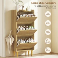 HOMCOM Narrow Shoe Cabinet, Modern Shoe Storage Cabinet with 3 Flip Drawers, Oak(m-5)