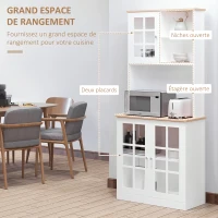 HOMCOM Buffet cuisine, meuble cuisine rangement haut, meuble de rangement avec plan de travail, 3 portes vitrées, 2 niches et étagères réglables, 80 x 37 x 183 cm, blanc chêne(m-4)
