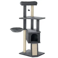 PawHut Árbol Rascador para Gatos Árbol para Gatos 127 cm con Cueva Hamaca Cama Plataformas Rampa de Sisal Bola Colgante Gris(m-10)