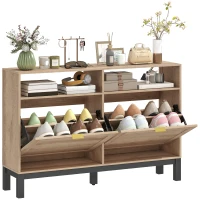 HOMCOM Shoe Cabinet with 2 Flip Drawers, Narrow Shoe Storage Top for Entryway Hallway, Walnut Brown(m-11)