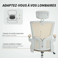 HOMCOM Chaise bureau ergonomique, fauteuil de bureau, accoudoirs relevables, soutien lombaire, appui-tête, 60x63x120cm, beige(m-5)
