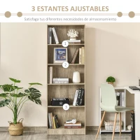 HOMCOM Librería Estantería de 5 Niveles para Libros con 3 Baldas Ajustables Antivuelco Almacenaje para Salón Oficina Estudio 63x29,5x176 cm Madera Natural(m-4)