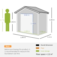 Outsunny Outdoor Garden Shed Storage, Backyard Steel Utility Tool Shed, Lawn Garage Building Organizer w/Sliding Door, Gable Roof, 1.94x1.1x1.84m, 4 Vents-Gray(m-3)