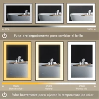 HOMCOM Espejo de Baño con Luz LED 70x50 cm con Iluminación Ajustable Función Antivaho Función de Memoria Negro(m-4)
