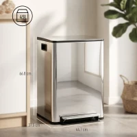 HOMCOM Coș de gunoi cu 2 compartimente de 30L cu pedală și capac silențios, din oțel inoxidabil și PP, 47.7x37.5x66.8 cm(m-3)