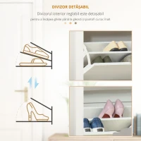 HOMCOM Dulap modern pentru pantofi, pentru maximum 12 perechi, cu 2 sertare reglabile și detașabile, din lemn, 72x26x80 cm, alb(m-5)