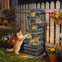 Outsunny Outdoor Fountain, 6-Tier Cascading Waterfall Feature with LED Lights, Resin Freestanding Garden Fountain, Grey(m-3)