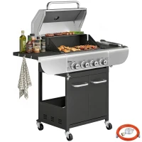 Outsunny Barbacoa de Gas con 4 Quemadores 12,8 kW Termómetro Parrillas de Hierro Fundido Mesas Laterales Armario y Ruedas Negro(m-10)