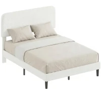 HOMCOM Cadre de Lit 140x190cm avec Sommier, Tête de Lit Réglable, Lit Double Rembourré en Velours Teddy, Lattes en Métal, Blanc(m-11)