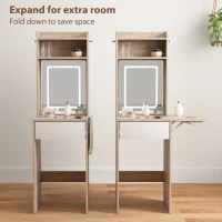 HOMCOM Small Vanity Desk with Mirror and LED Lights, Compact Dressing Table with Drop Leaf, Open Shelves, Natural Wood(m-5)