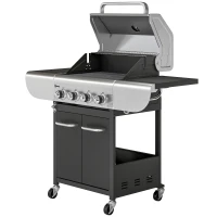 Outsunny Barbacoa de Gas con 4 Quemadores 12,8 kW Termómetro Parrillas de Hierro Fundido Mesas Laterales Armario y Ruedas Negro(m-11)