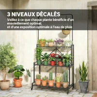 Outsunny Support pour Plantes à 3 Niveaux avec Roulettes, Étagère à Fleurs Pliable en Métal avec 4 Crochets, 84x40,5x174cm, Noir(m-5)