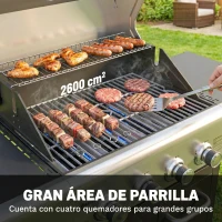 Outsunny Barbacoa de Gas con 4 Quemadores 12,8 kW Termómetro Parrillas de Hierro Fundido Mesas Laterales Armario y Ruedas Negro(m-4)