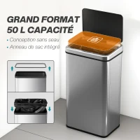 HOMCOM Poubelle à Capteur de 50L, Couvercle à Fermeture en Douceur, Poubelle de Cuisine Automatique Acier Inoxydable, Argenté(m-5)