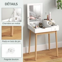 HOMCOM Coiffeuse avec miroir table de maquillage style moderne - 2 tiroirs, miroir rabattable pour chambre à coucher, salon, 60 x 50 x 85,5 cm blanc(m-6)