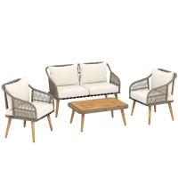 Outsunny 4 Piece Rattan Garden Furniture Set with Loveseat, Armchairs, Wood Table, Wicker Patio Conversation Set, Cream White
