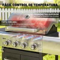 Outsunny Barbacoa de Gas con 4 Quemadores 12,8 kW Termómetro Parrillas de Hierro Fundido Mesas Laterales Armario y Ruedas Negro(m-6)